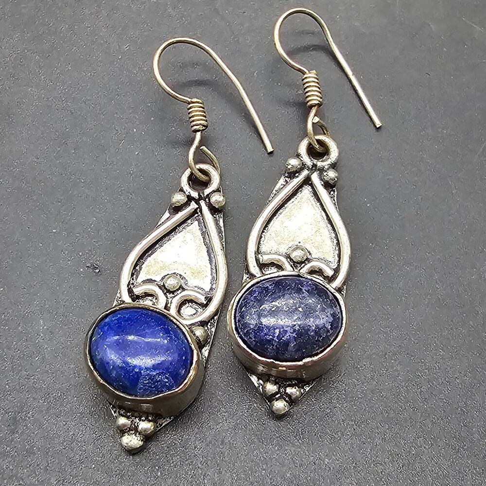 Silver Tone Blue Lapis Earrings Gemstone Dangle Drop